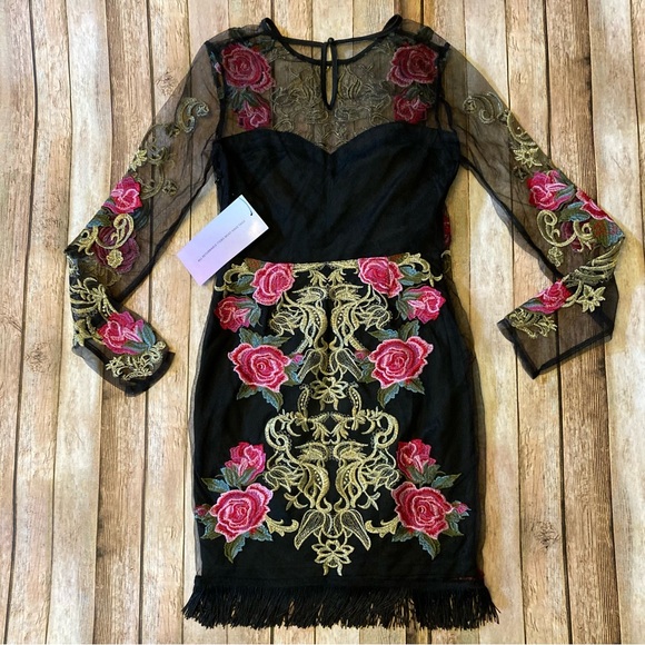 NWT L’Atiste by Amy Black Sheer Embroidered Floral Lined Pencil Dress S side zip - Picture 8 of 12